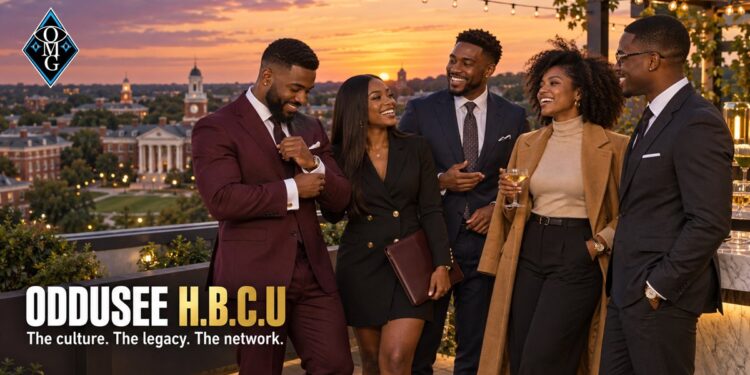Black HBCU graduates celebrating on a rooftop at sunset, Oddusee H.B.C.U
