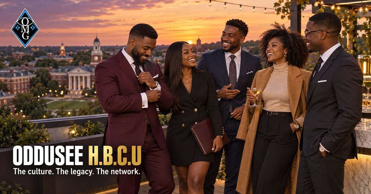 Black HBCU graduates celebrating on a rooftop at sunset, Oddusee H.B.C.U