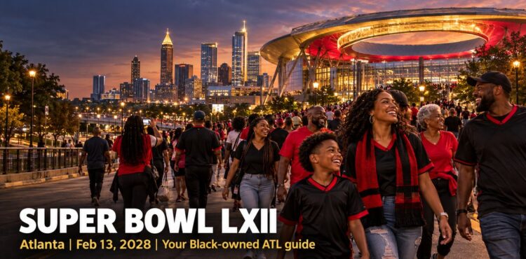 Black fans in red and black walking toward the stadium with the Atlanta skyline at dusk, Super Bowl LXII guide