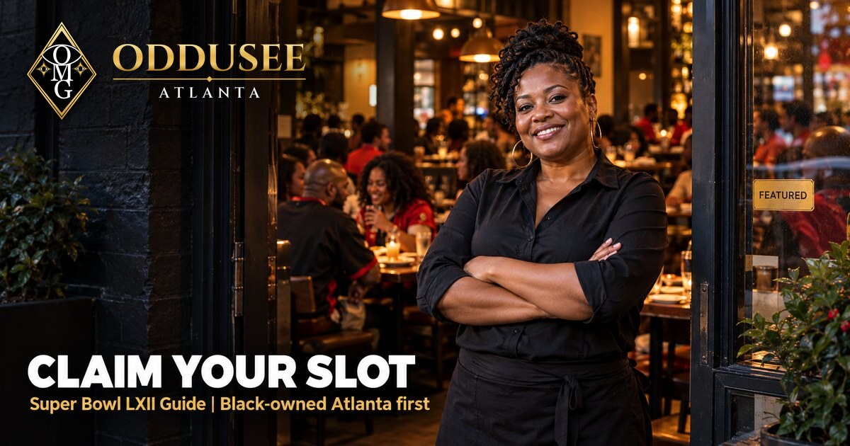 Black woman restaurant owner standing proudly in the doorway of her busy Atlanta restaurant on game weekend