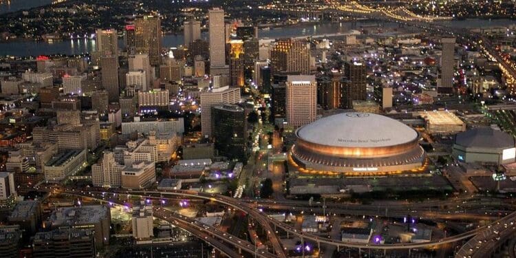New Orleans skyline at dusk with the Superdome and downtown