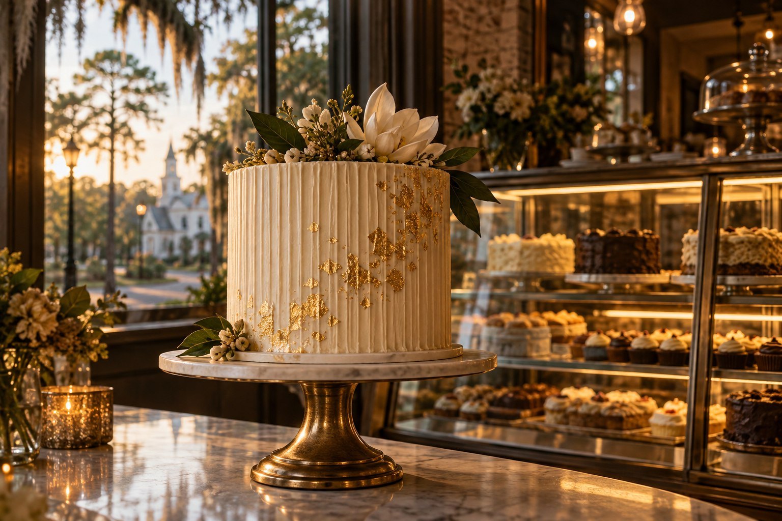 Bakery counter with a gold-trimmed cake in New Orleans