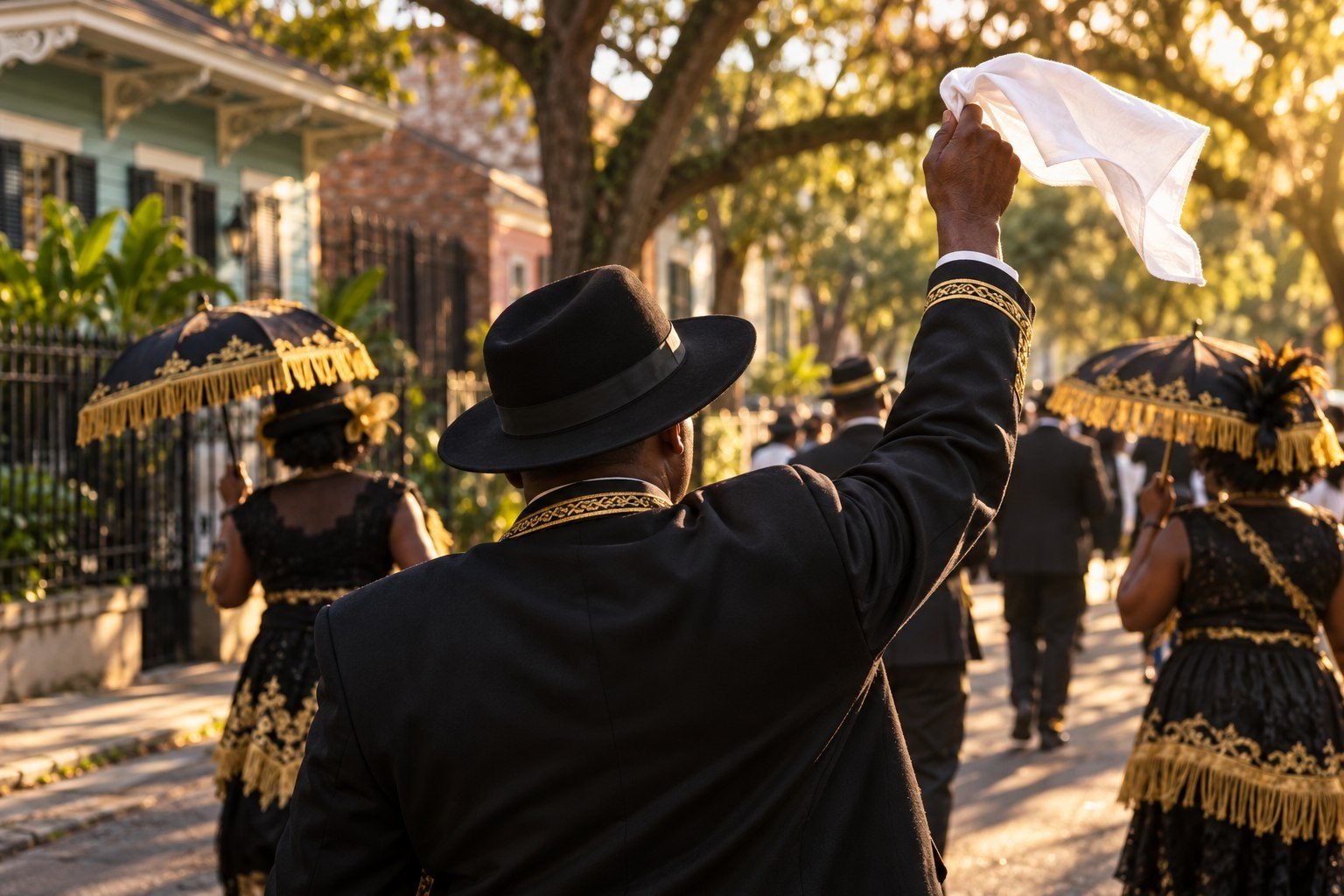 Second liner raising a handkerchief at a New Orleans second line