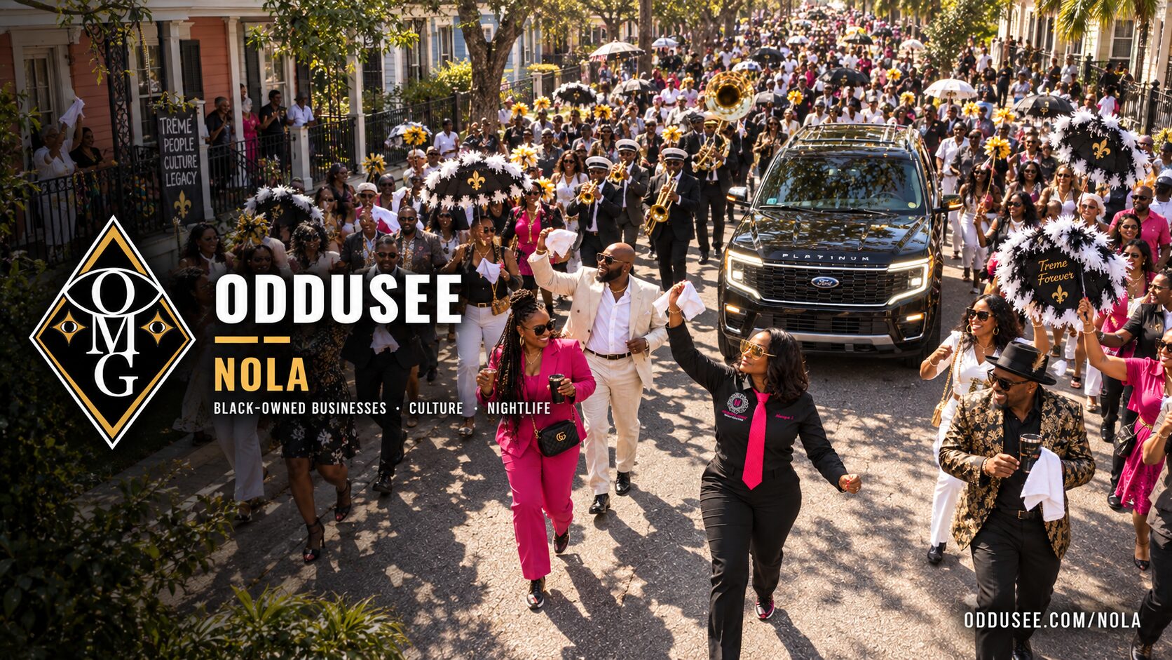 A New Orleans second line parade filling the street, with the Motorvate Transportation Ford Expedition rolling alongside the crowd