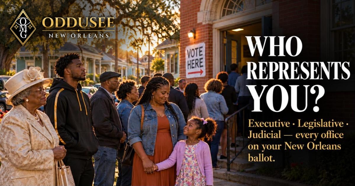 Black New Orleanians lined up to vote outside a neighborhood polling place at golden hour, with the Oddusee New Orleans logo and the headline Who Represents You?