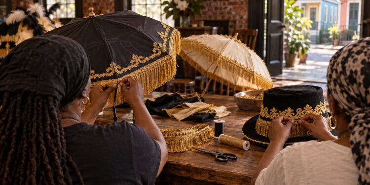 Social aid and pleasure club members attaching gold fringe and ornamental trim to black and cream parasols at a wooden worktable