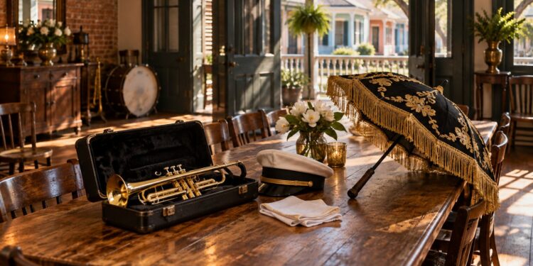Neighborhood club hall set up for fellowship before a second line, long wooden table, trumpet in an open case and a decorated parasol resting nearby