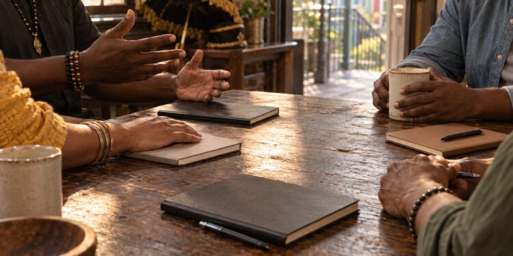 Social aid and pleasure club members planning a neighborhood gathering around a worn wooden clubhouse table, notebooks and coffee mugs on the table