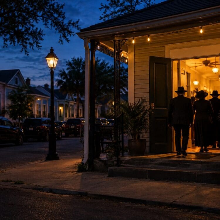 Second line on a New Orleans street at night