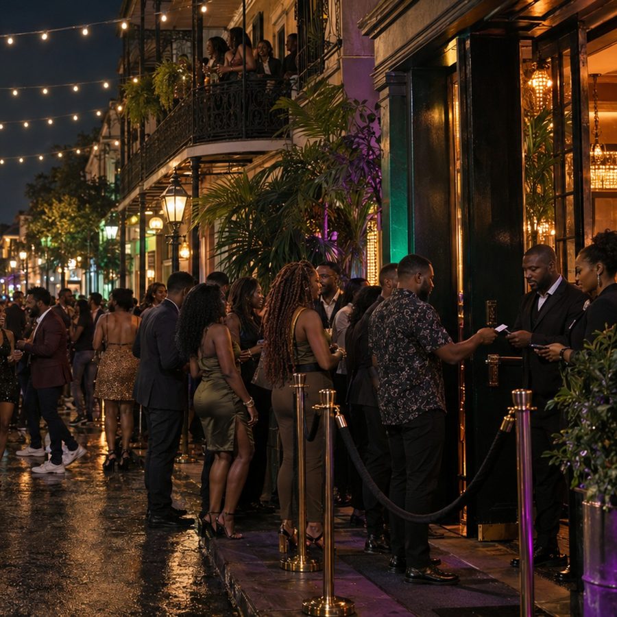 A crowd lined up at a velvet rope outside a lounge at night
