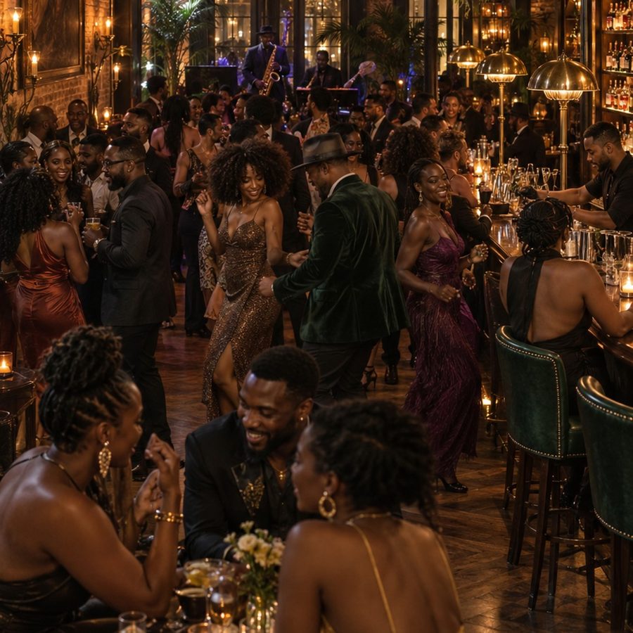 A packed lounge dance floor with a live band